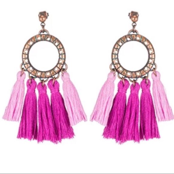 Copper Multi Colored Tassel Boho Earrings NWT - Picture 7 of 8